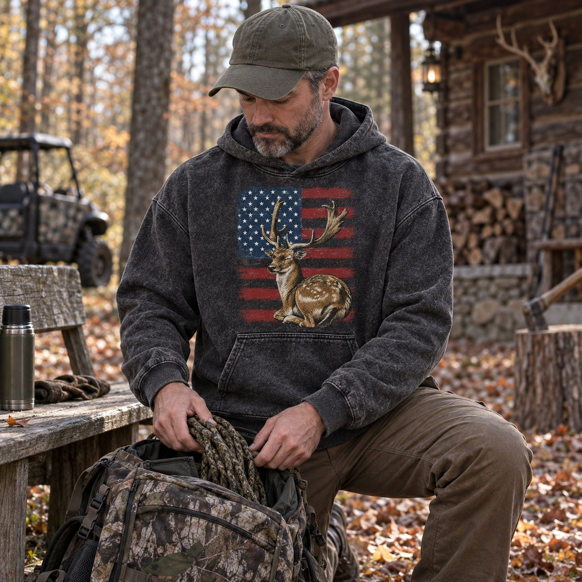 Washed American Flag Fallow Buck Hunting Hoodie for Men
