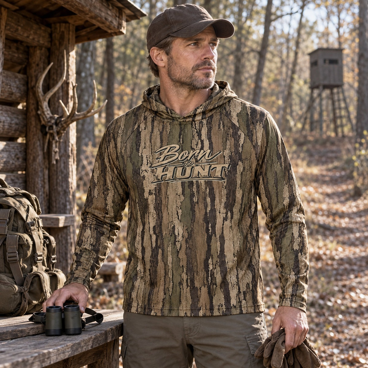 UPF 50+ Tree Bark Camo Hunting Hoodie for Men
