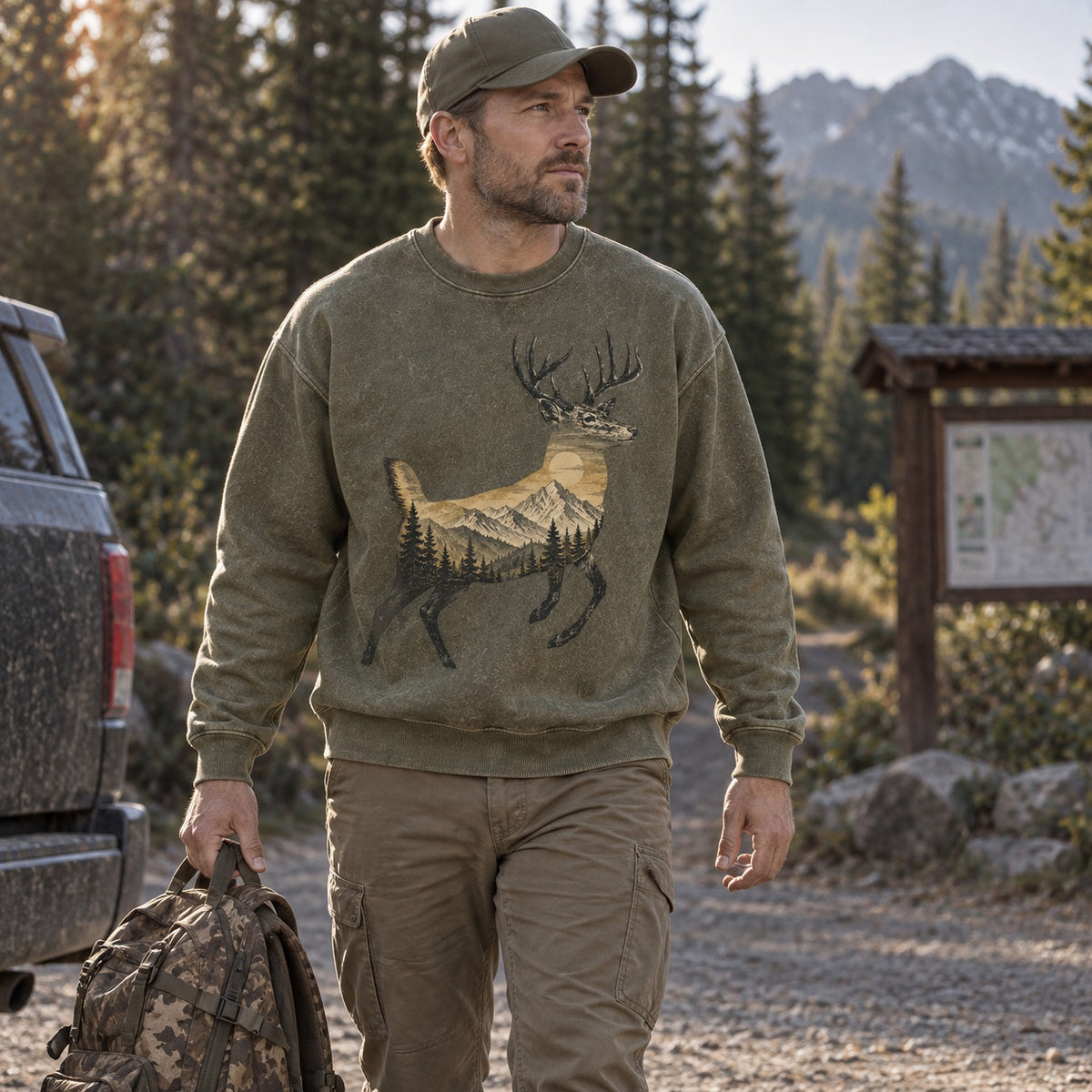 Washed Mountain Whitetail Deer Hunting Crewneck Sweatshirt for Men