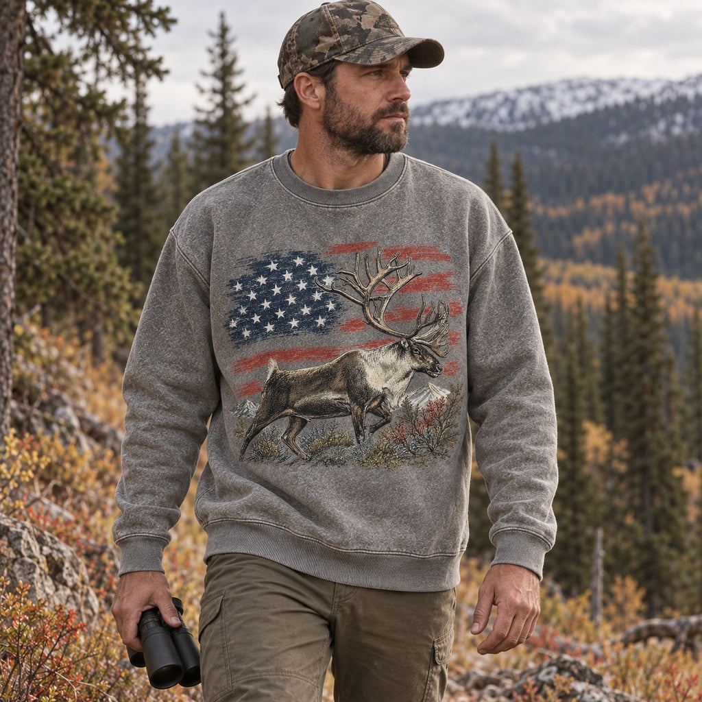 Washed American Flag Caribou Big Game Hunting Crewneck Sweatshirt