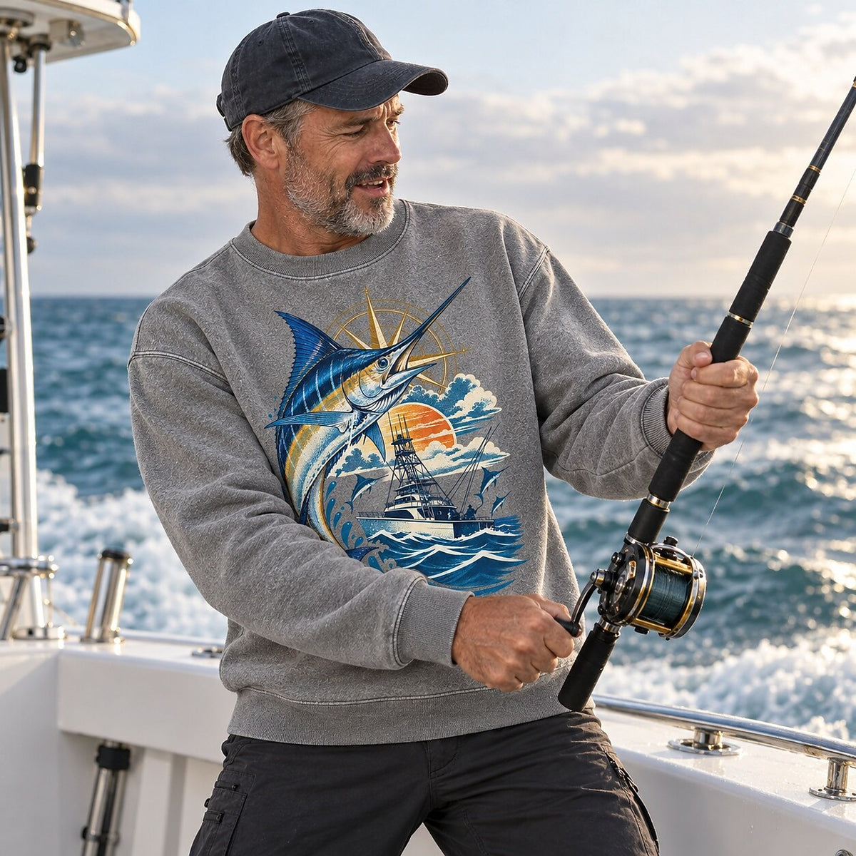 Washed Sunset Marlin Offshore Sportfishing Boat Sweatshirt