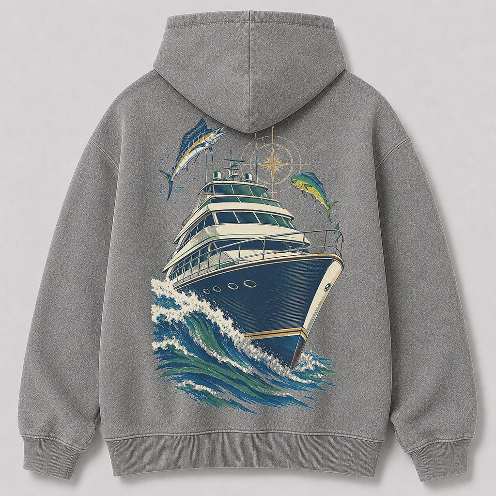 Washed Sportfishing Boat Coastal Fishing Hoodie Graphic
