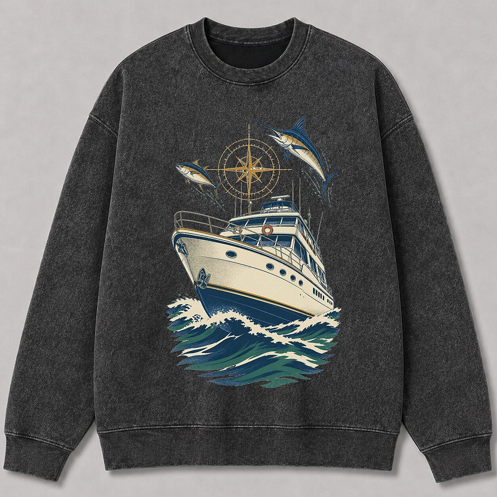 Washed Marlin Tuna Offshore Fishing Boat Graphic Sweatshirt
