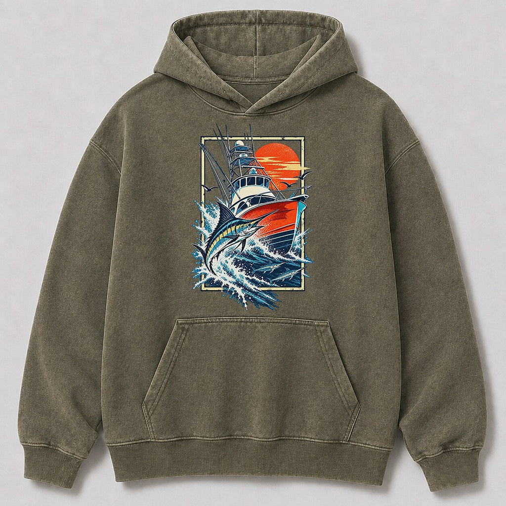 Washed Marlin Sportfishing Boat Sunset Graphic Hoodie