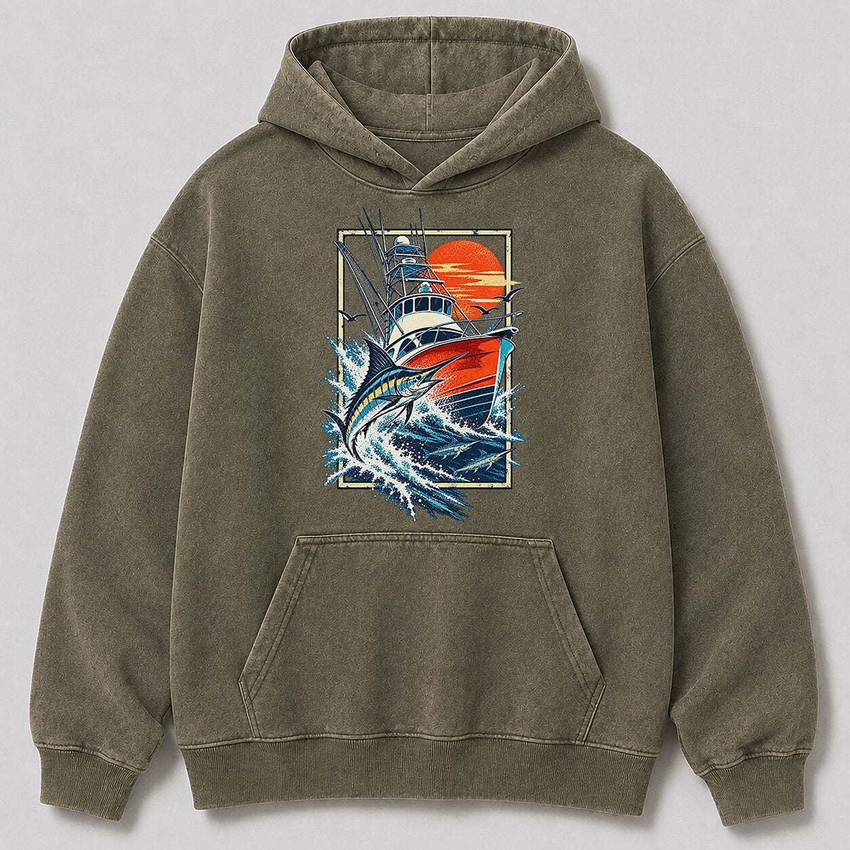 Washed Marlin Sportfishing Boat Sunset Graphic Hoodie