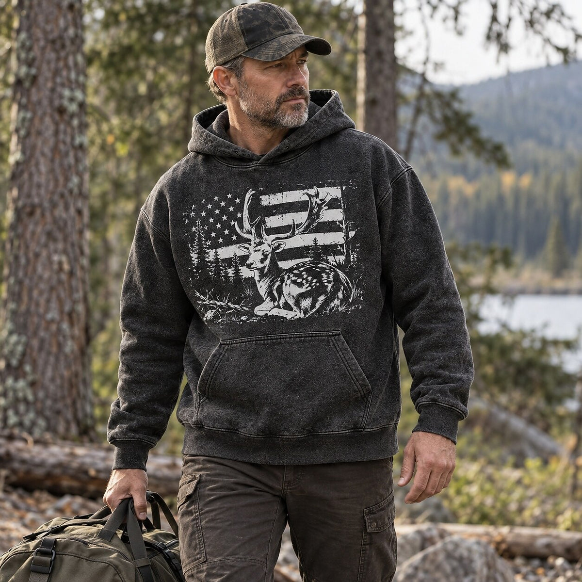 Washed Whitetail Buck American Flag Hunting Hoodie
