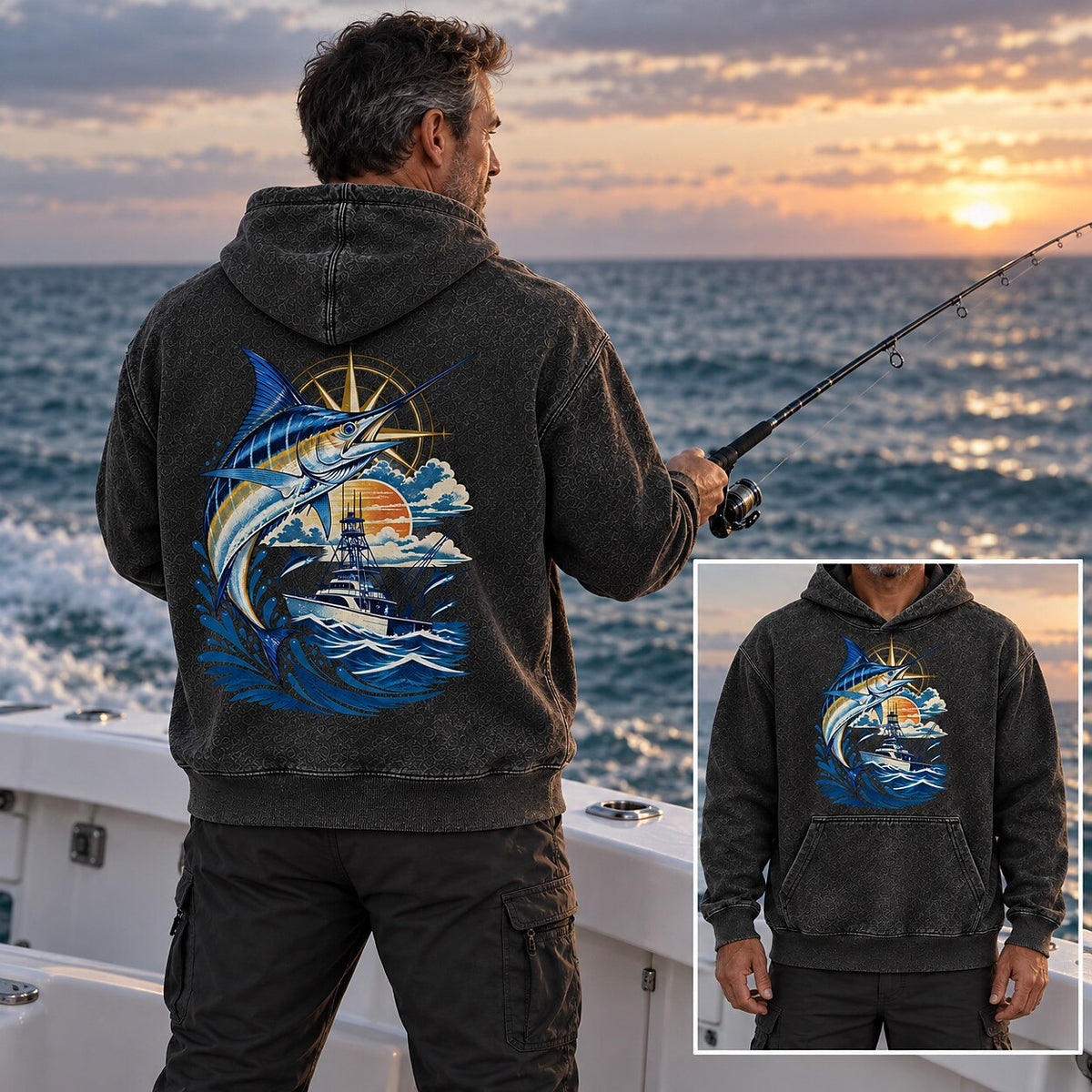 Washed Marlin Offshore Sportfishing Hoodie Graphic Design