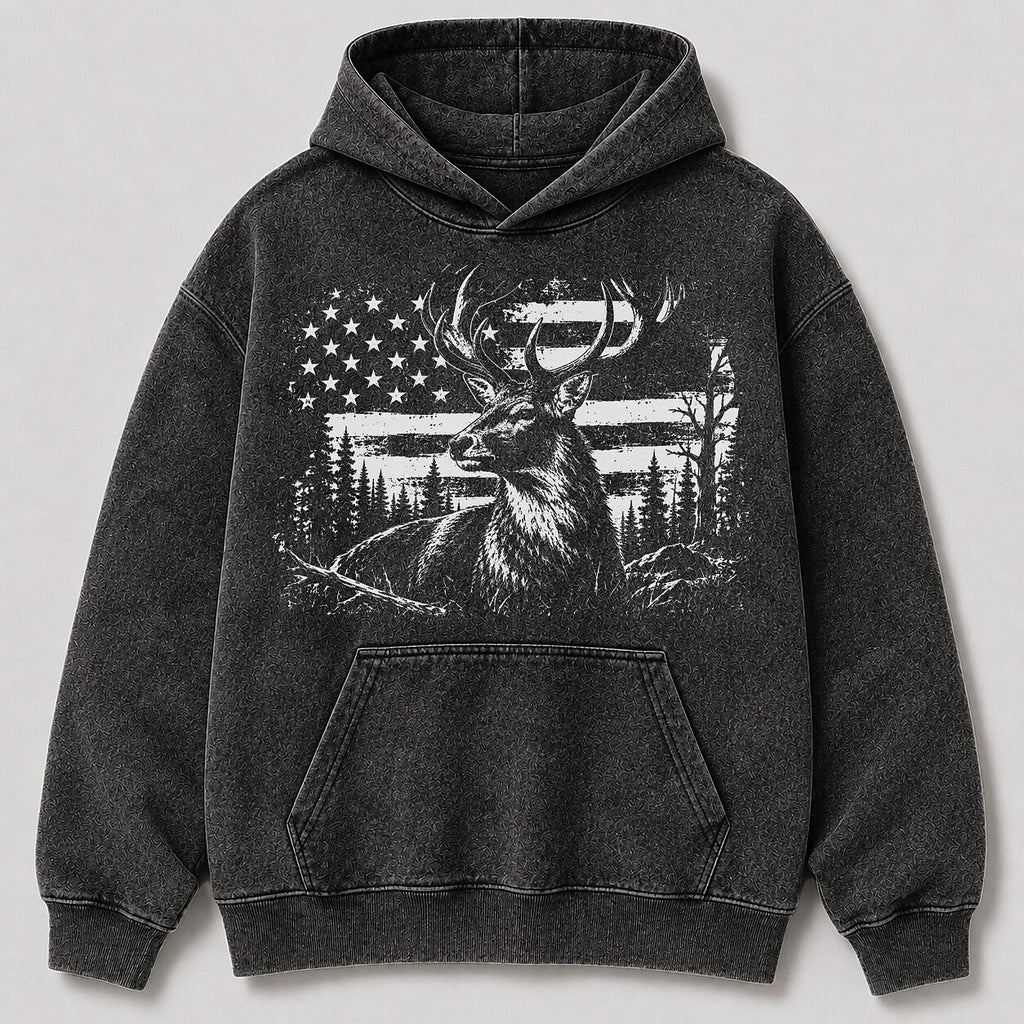 Washed Elk American Flag Wildlife Hunting Hoodie