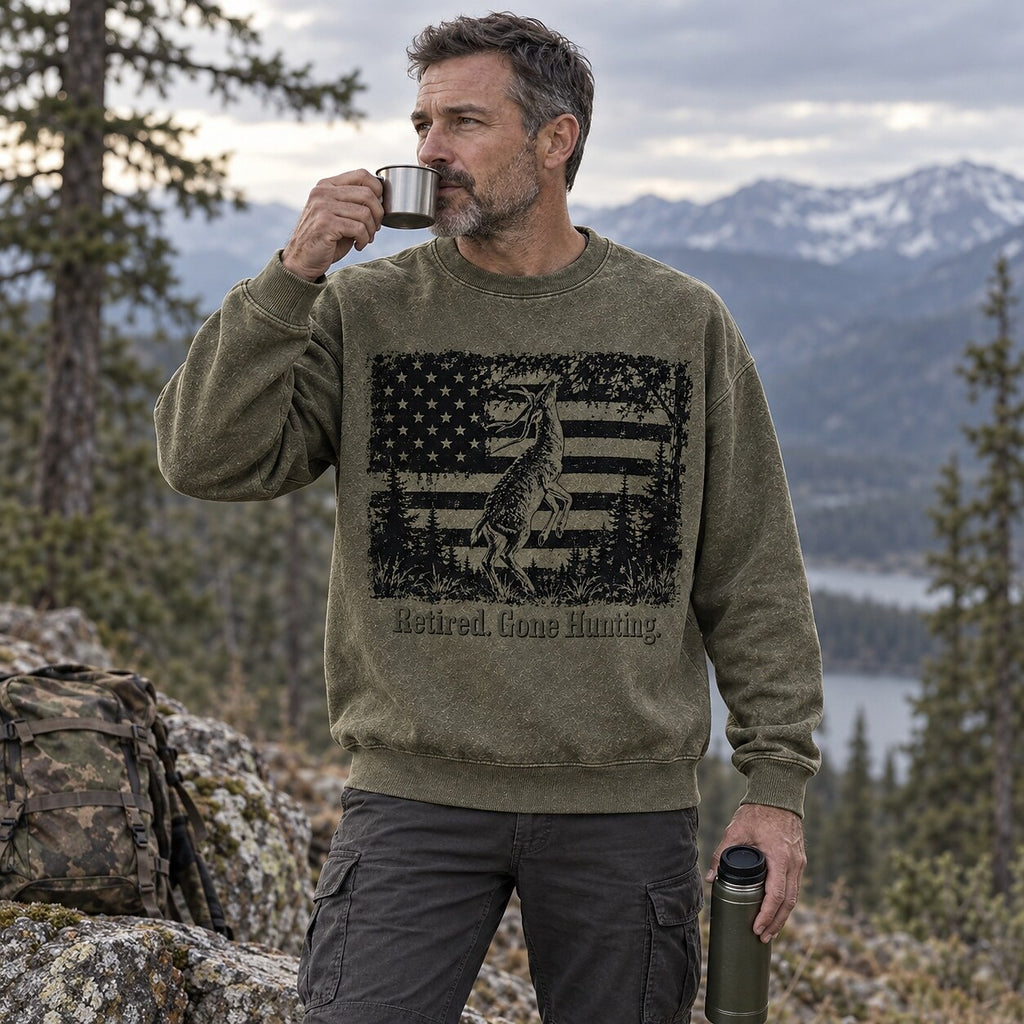 Washed American Flag Rearing Whitetail Deer Hunting Sweatshirt