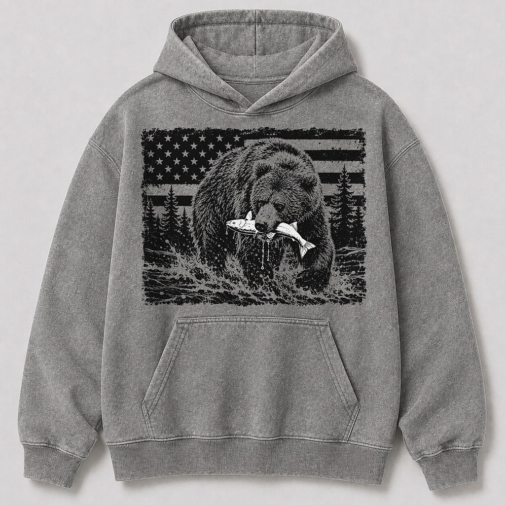 Washed Grizzly Bear Salmon River Fishing Hoodie