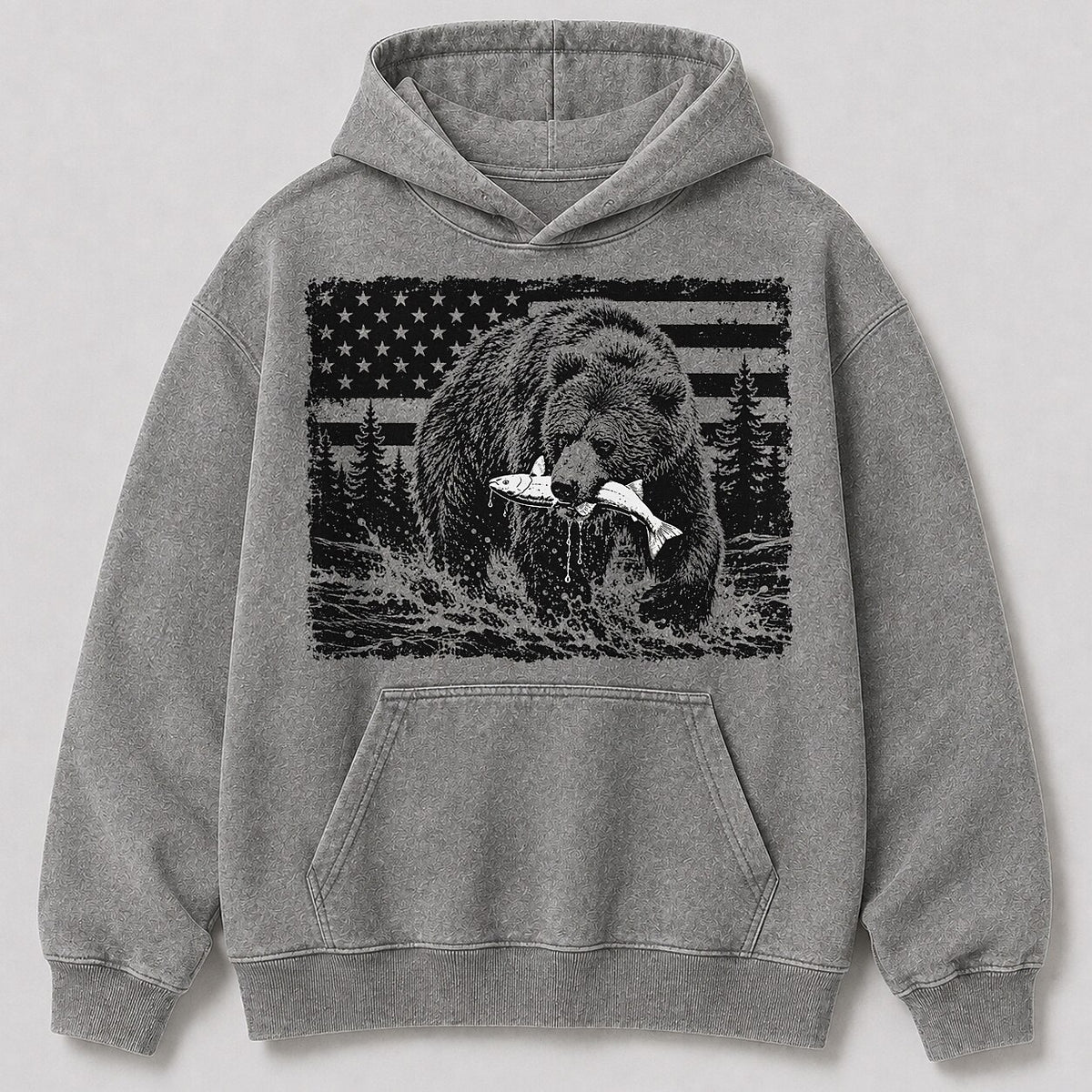 Washed Grizzly Bear Salmon River Fishing Hoodie