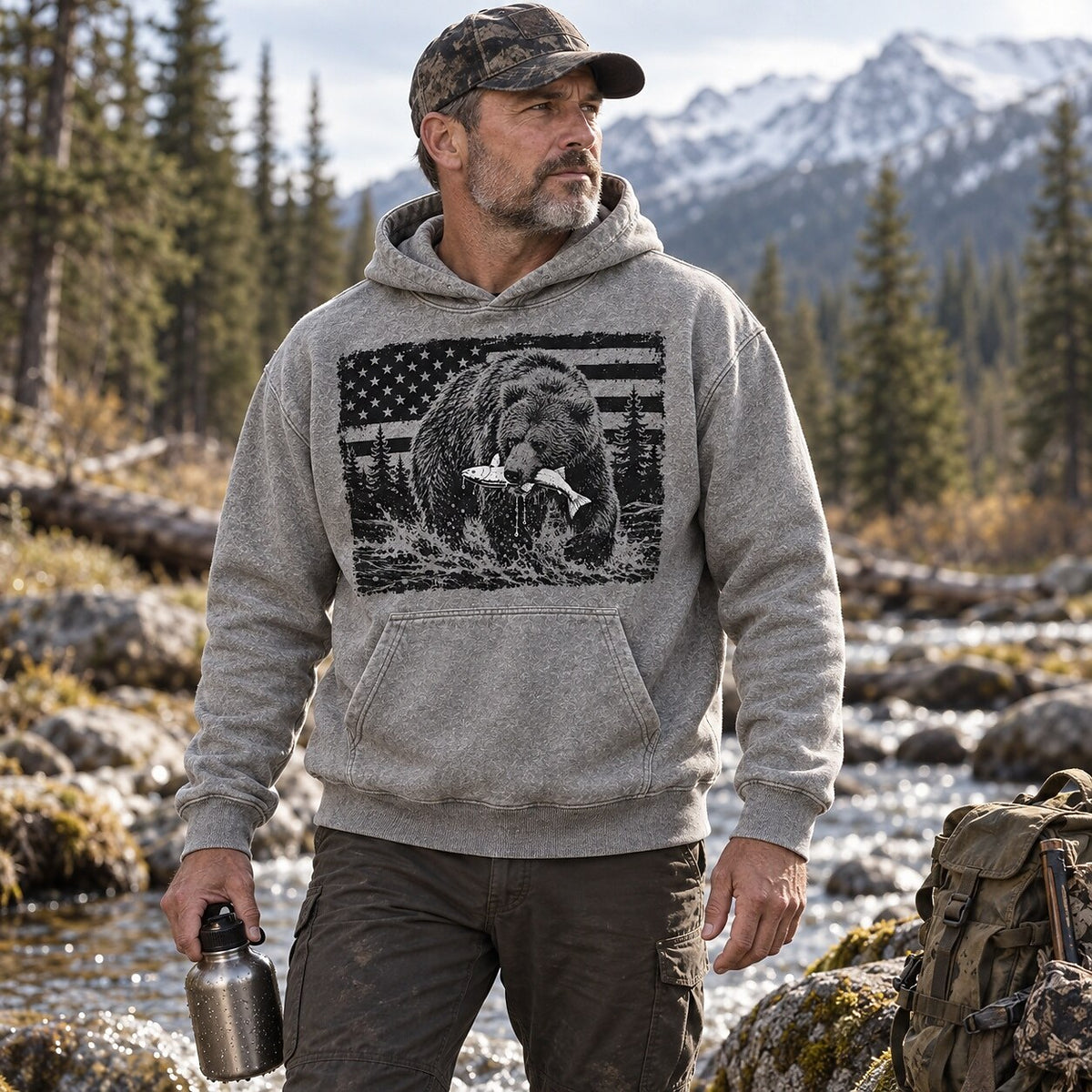 Washed Grizzly Bear Salmon River Fishing Hoodie