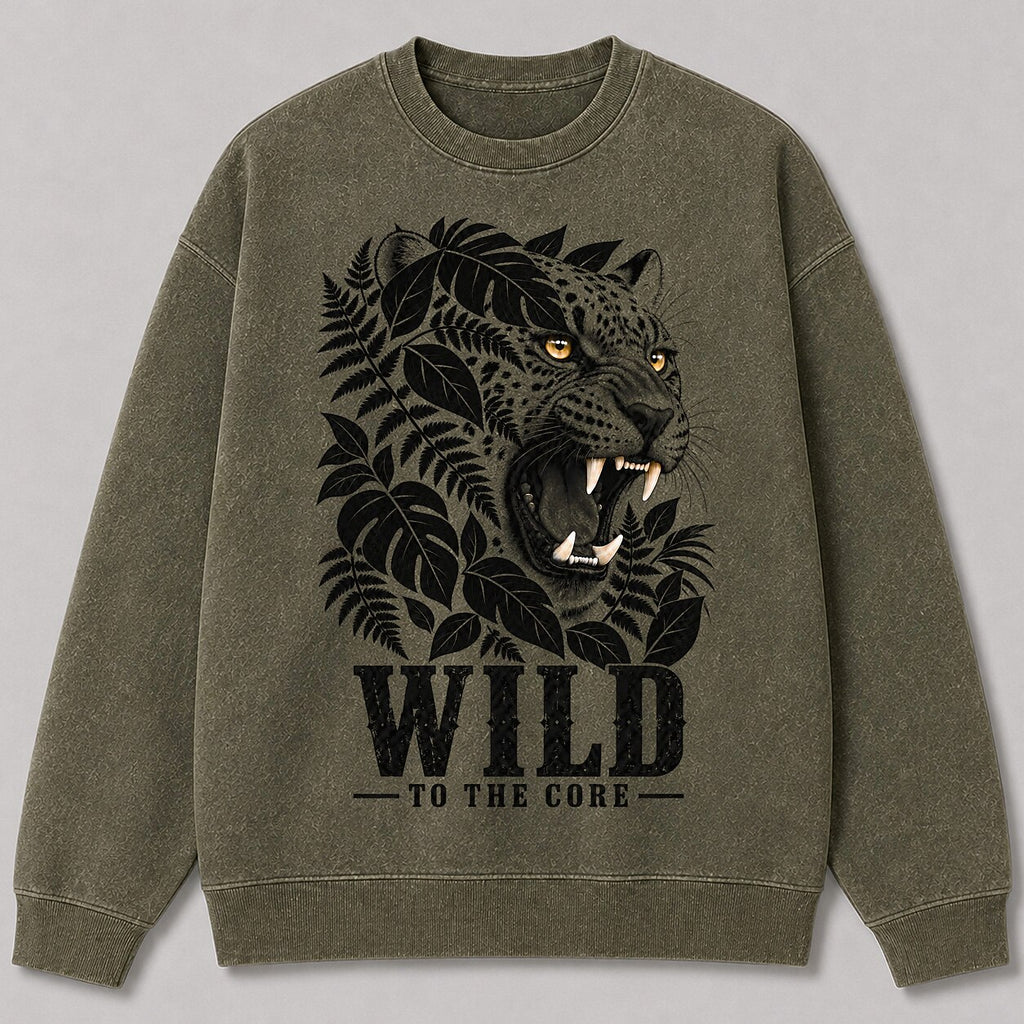 Washed Roaring Leopard Jungle Wildlife Graphic Sweatshirt