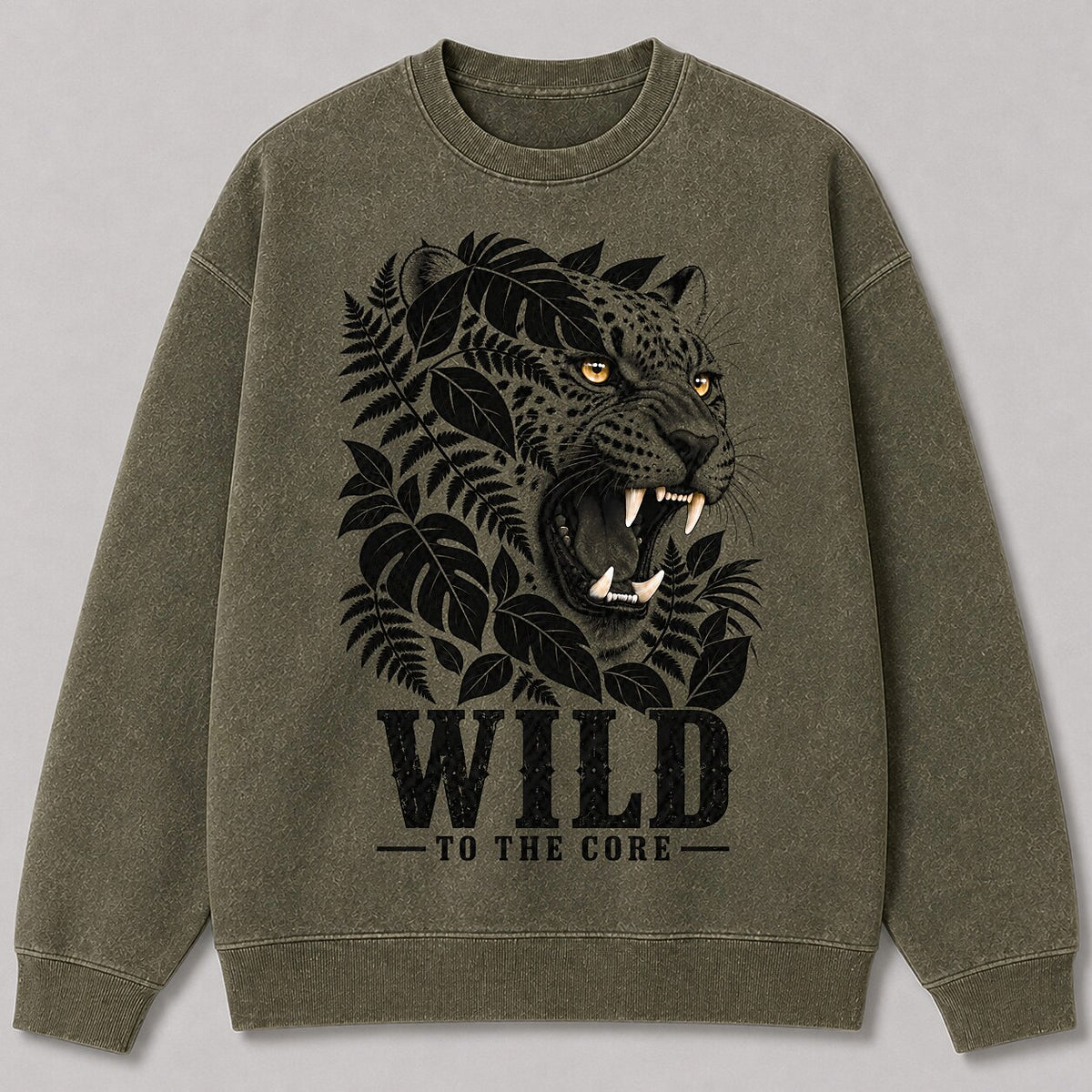 Washed Roaring Leopard Jungle Wildlife Graphic Sweatshirt