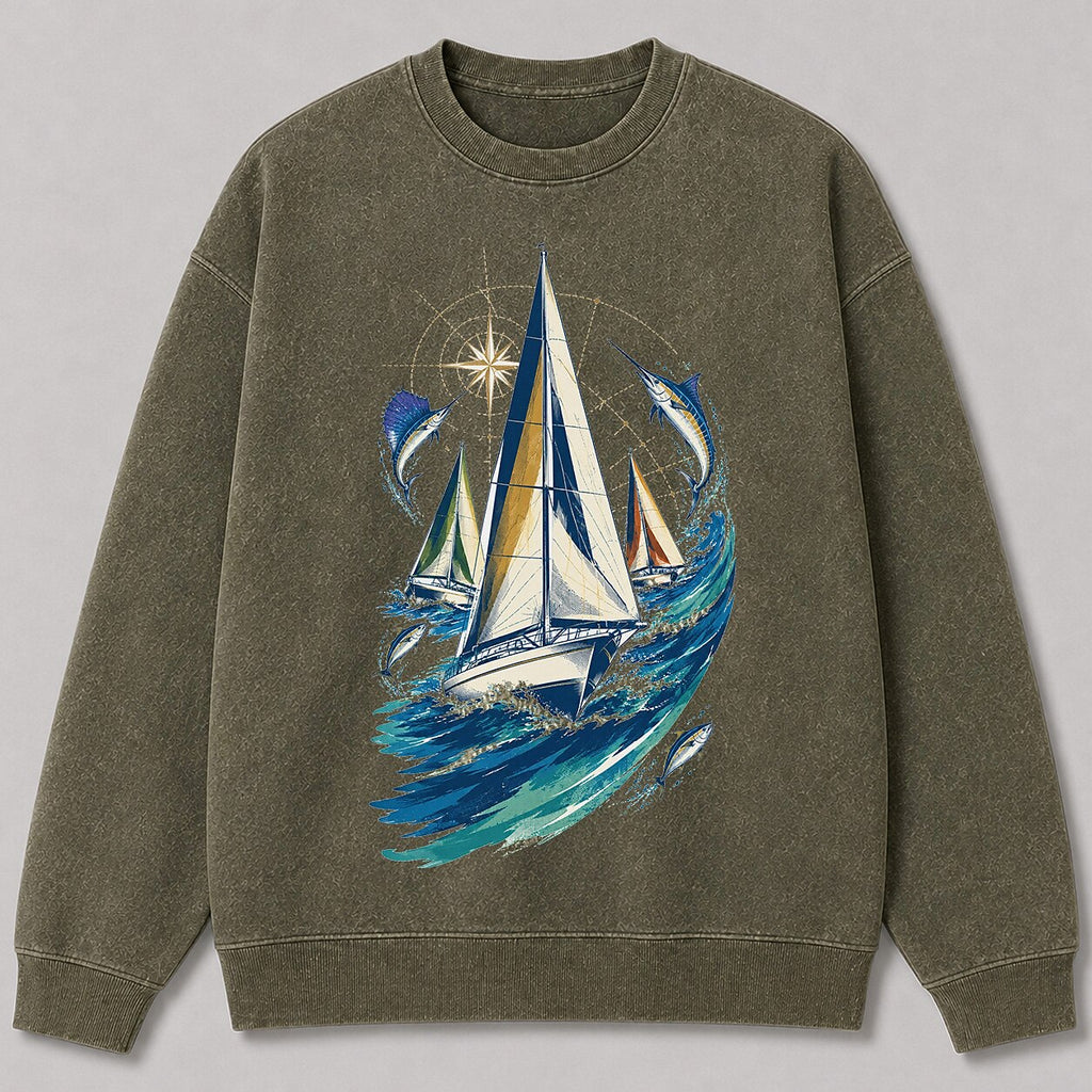 Washed Sailboat Marlin Offshore Fishing Graphic Sweatshirt