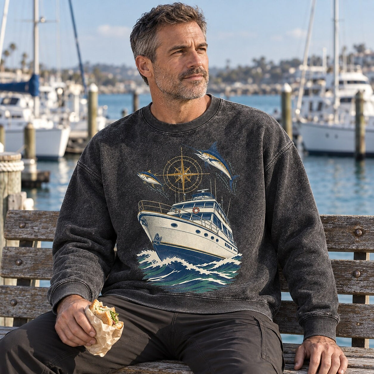Washed Marlin Tuna Offshore Fishing Boat Graphic Sweatshirt