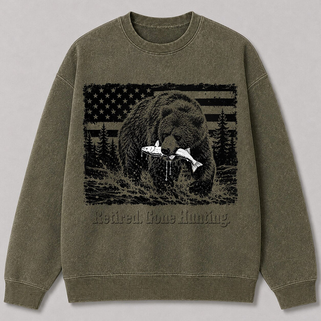 Washed Grizzly Bear Salmon Fishing Wildlife Graphic Sweatshirt