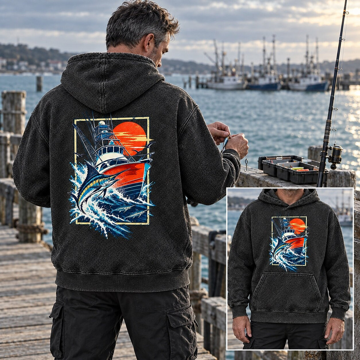 Washed Marlin Sportfishing Boat Sunset Graphic Hoodie