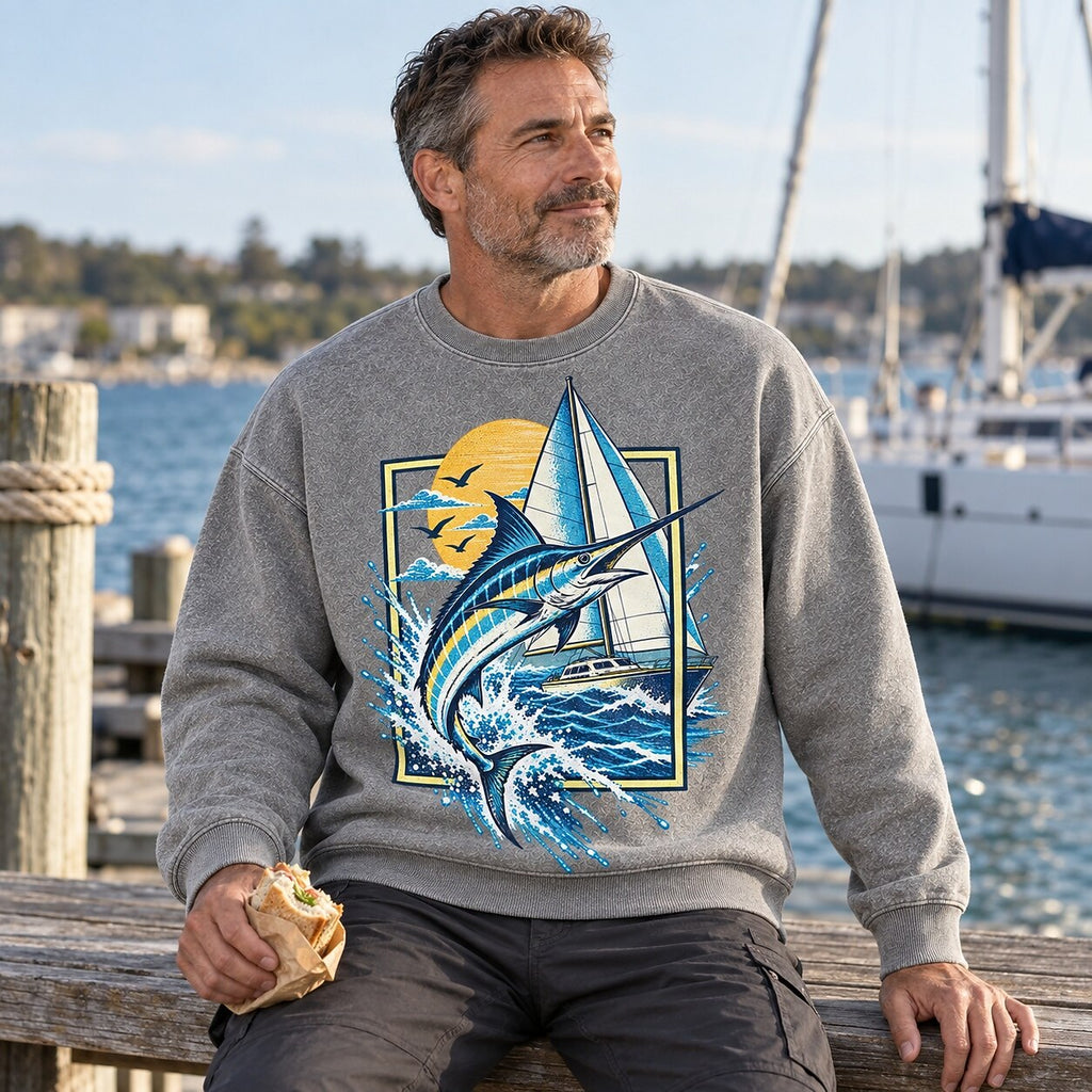 Washed Sailboat Marlin Coastal Fishing Sweatshirt Graphic