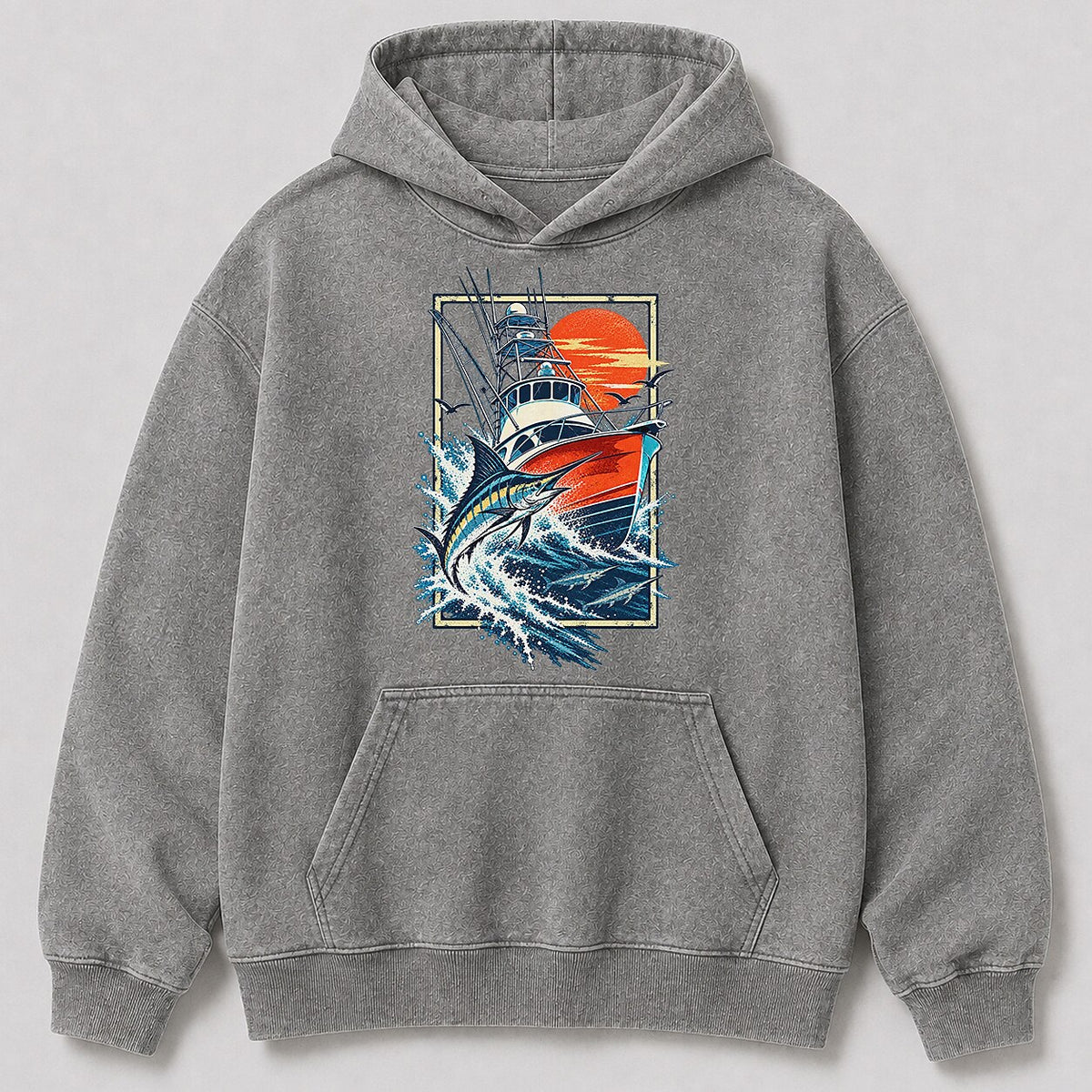 Washed Marlin Sportfishing Boat Sunset Graphic Hoodie