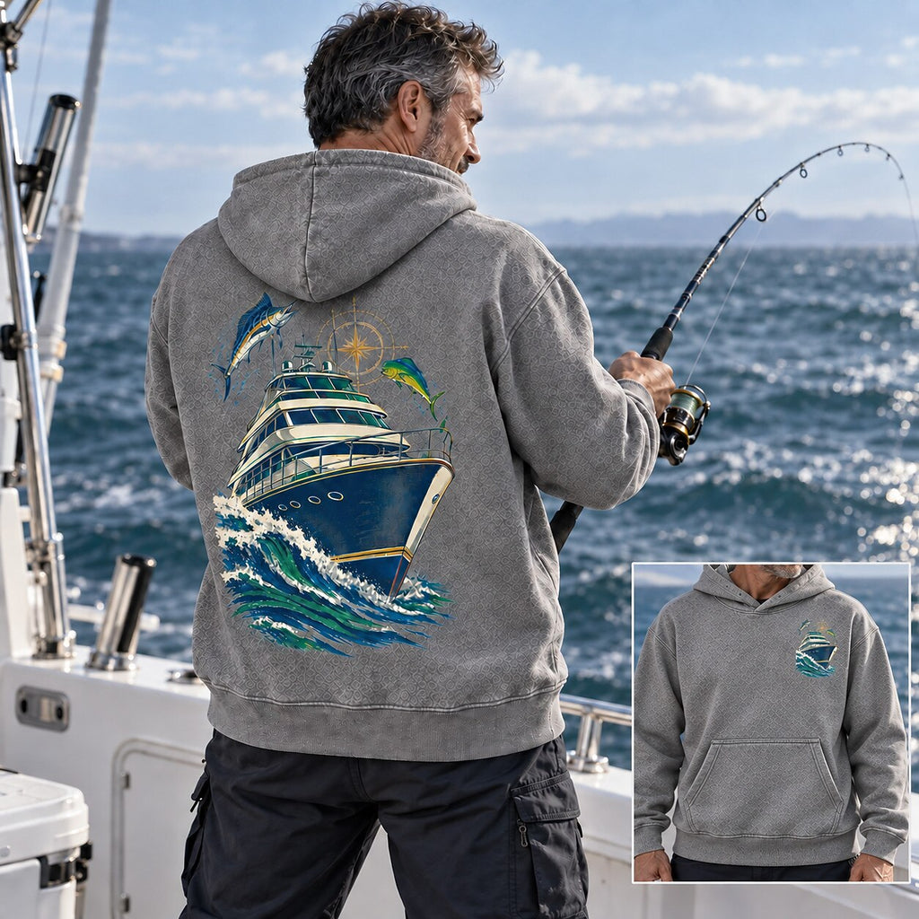Washed Sportfishing Boat Coastal Fishing Hoodie Graphic