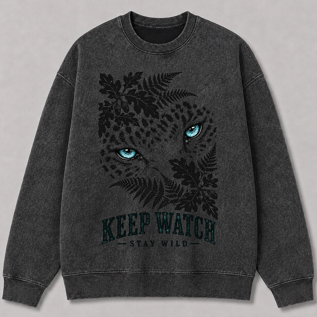 Washed Leopard Oak Leaf Forest Wildlife Graphic Sweatshirt