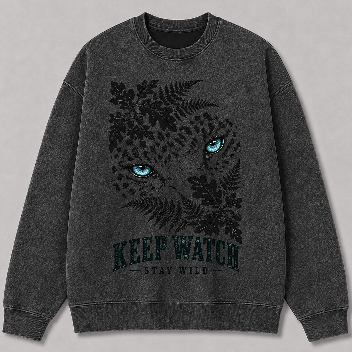 Washed Leopard Oak Leaf Forest Wildlife Graphic Sweatshirt