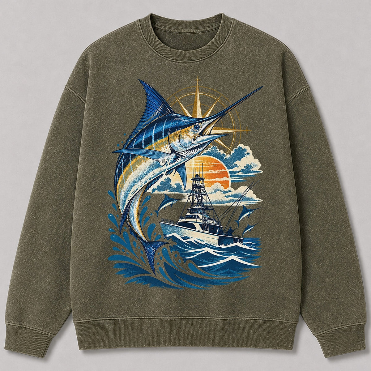 Washed Sunset Marlin Offshore Sportfishing Boat Sweatshirt