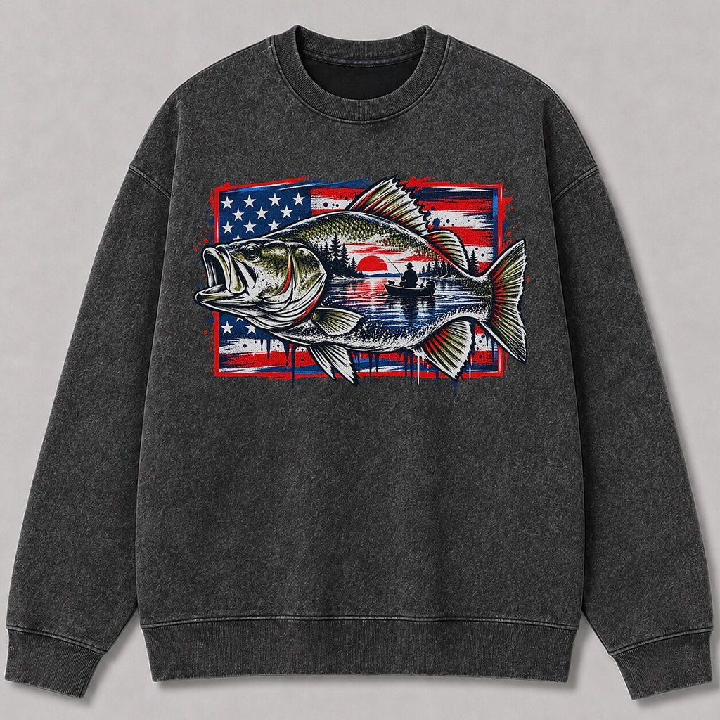 Washed American Flag Largemouth Bass Fishing Sweatshirt