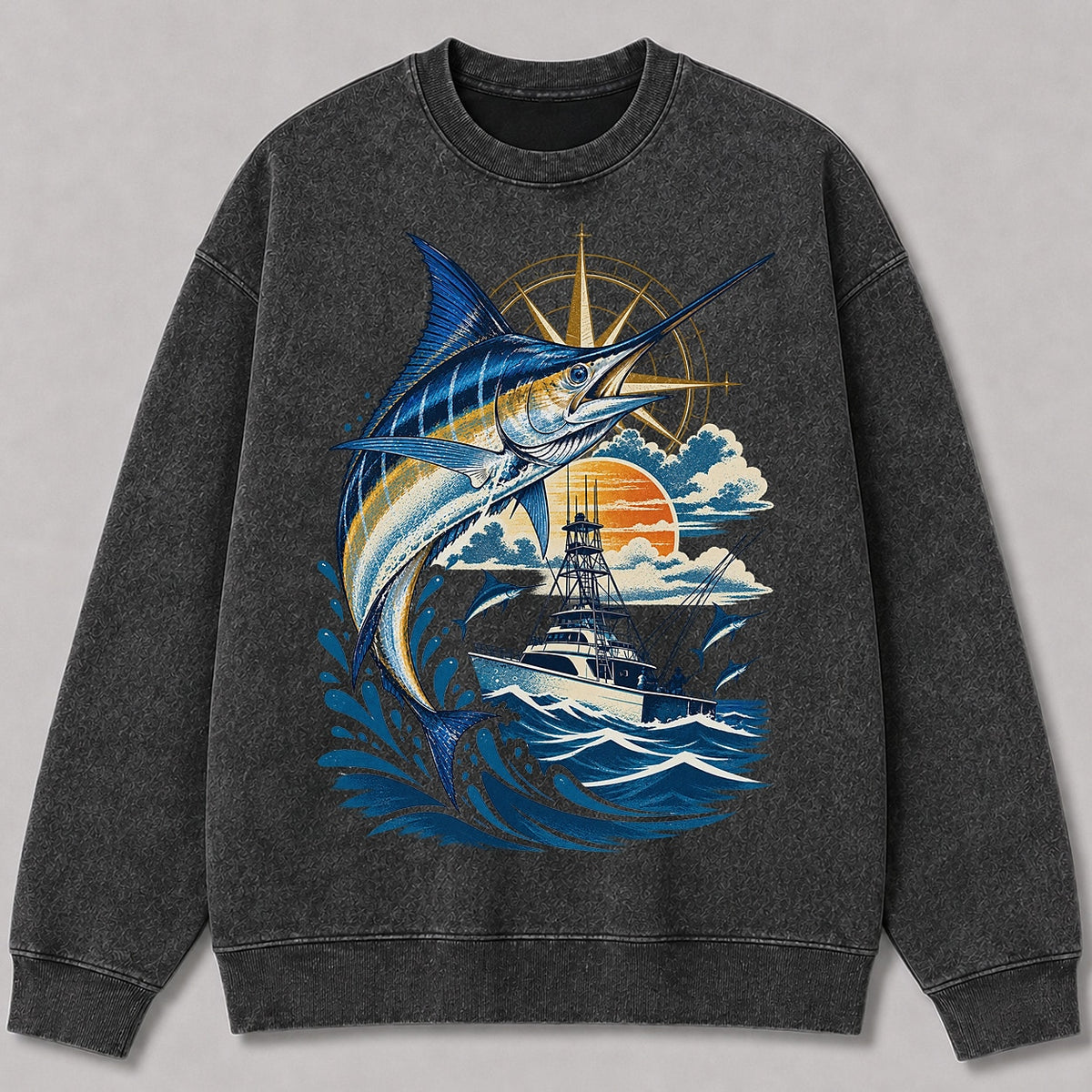 Washed Sunset Marlin Offshore Sportfishing Boat Sweatshirt