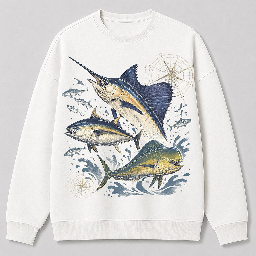 Marlin Tuna Mahi Offshore Fishing Crewneck Sweatshirt for Men — black front view with printed graphic