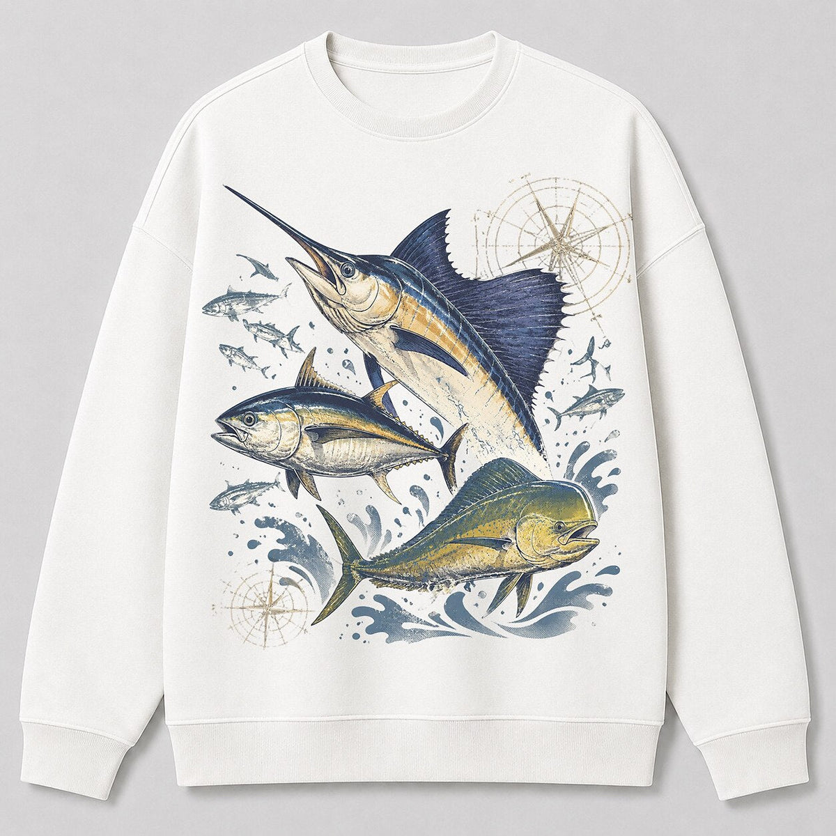 Marlin Tuna Mahi Offshore Fishing Crewneck Sweatshirt for Men — black front view with printed graphic