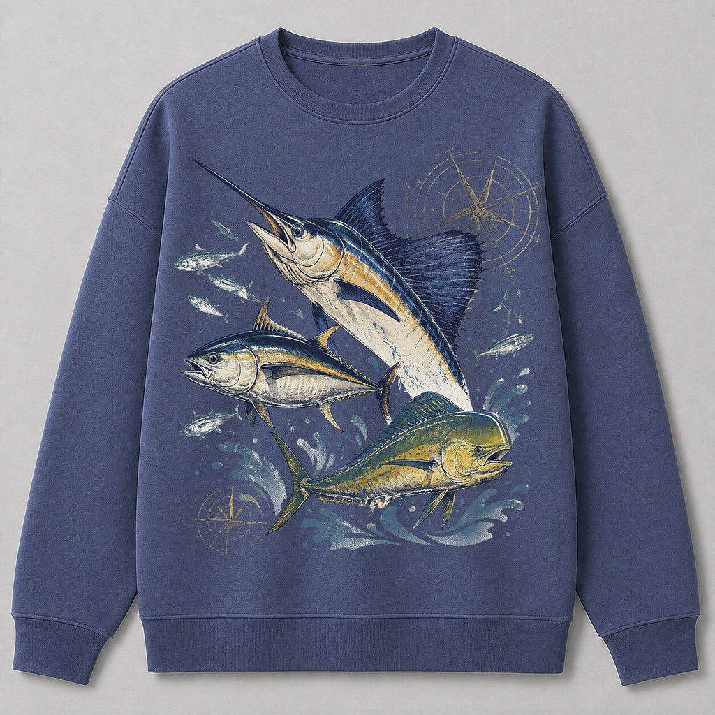 Marlin Tuna Mahi Offshore Fishing Crewneck Sweatshirt for Men — charcoal front view with printed graphic
