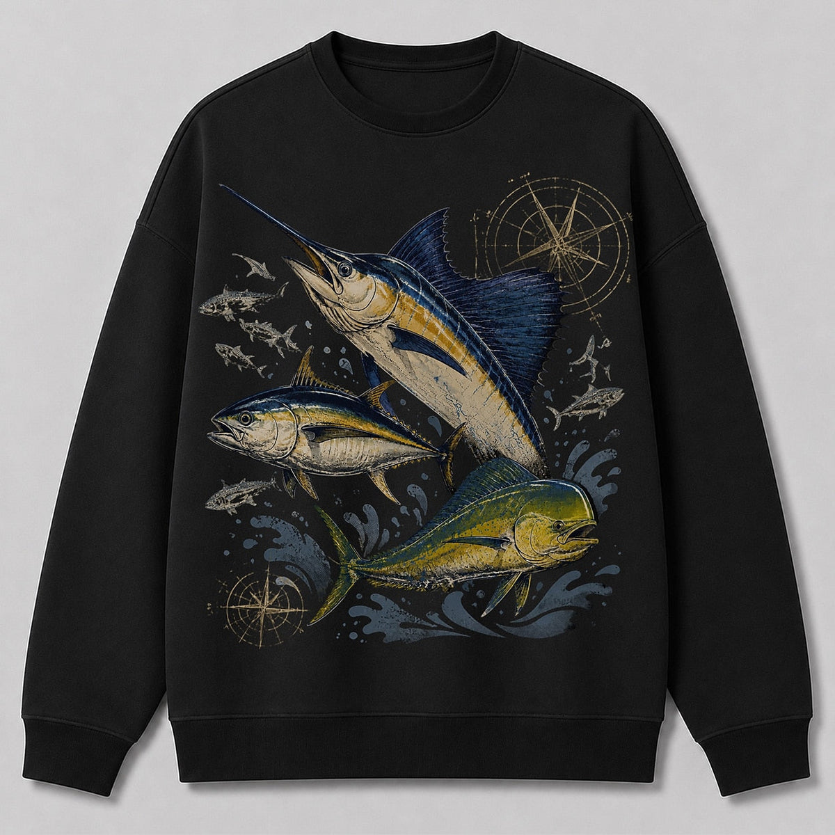 Marlin Tuna Mahi Offshore Fishing Crewneck Sweatshirt for Men — navy front view with printed graphic