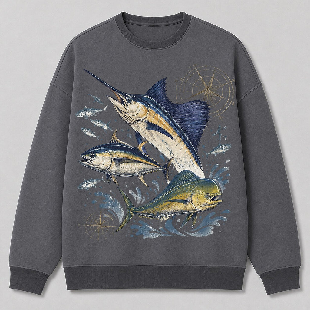Marlin Tuna Mahi Offshore Fishing Crewneck Sweatshirt for Men — white front view with printed graphic