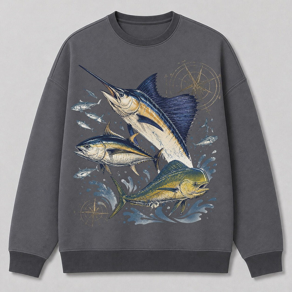 Marlin Tuna Mahi Offshore Fishing Crewneck Sweatshirt for Men — white front view with printed graphic