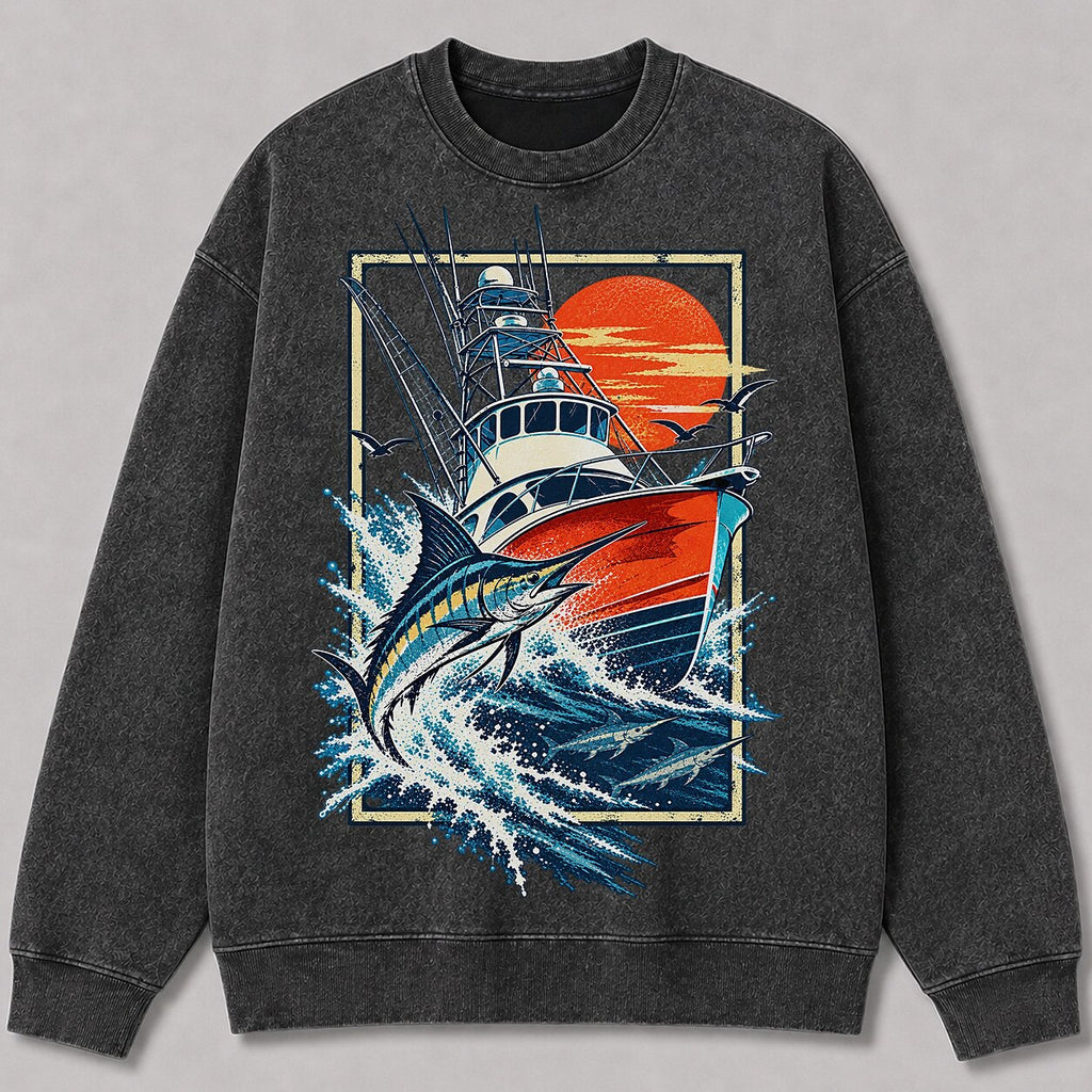 Washed Marlin Fishing Boat Coastal Sweatshirt Graphic