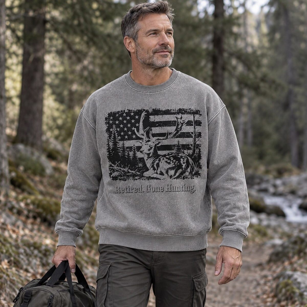 Washed American Flag Fallow Deer Hunting Graphic Sweatshirt