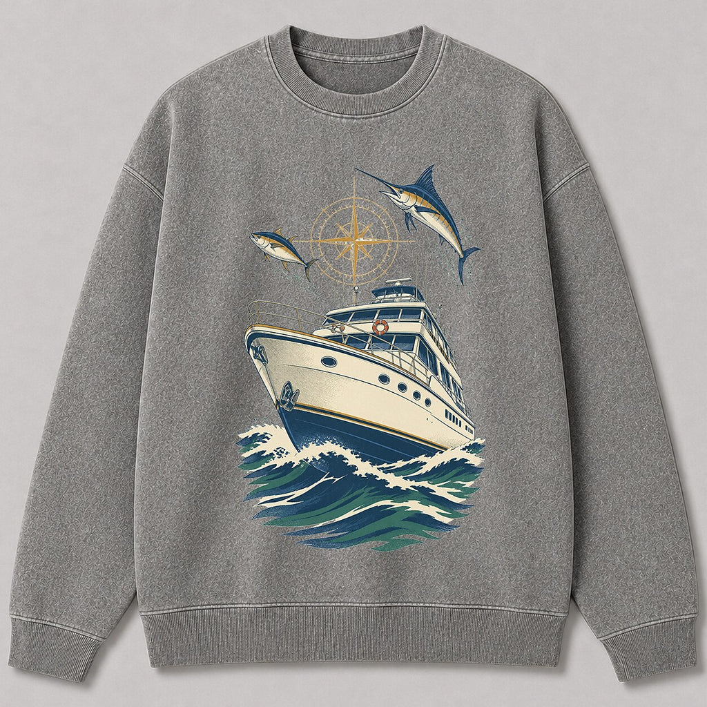 Washed Marlin Tuna Offshore Fishing Boat Graphic Sweatshirt