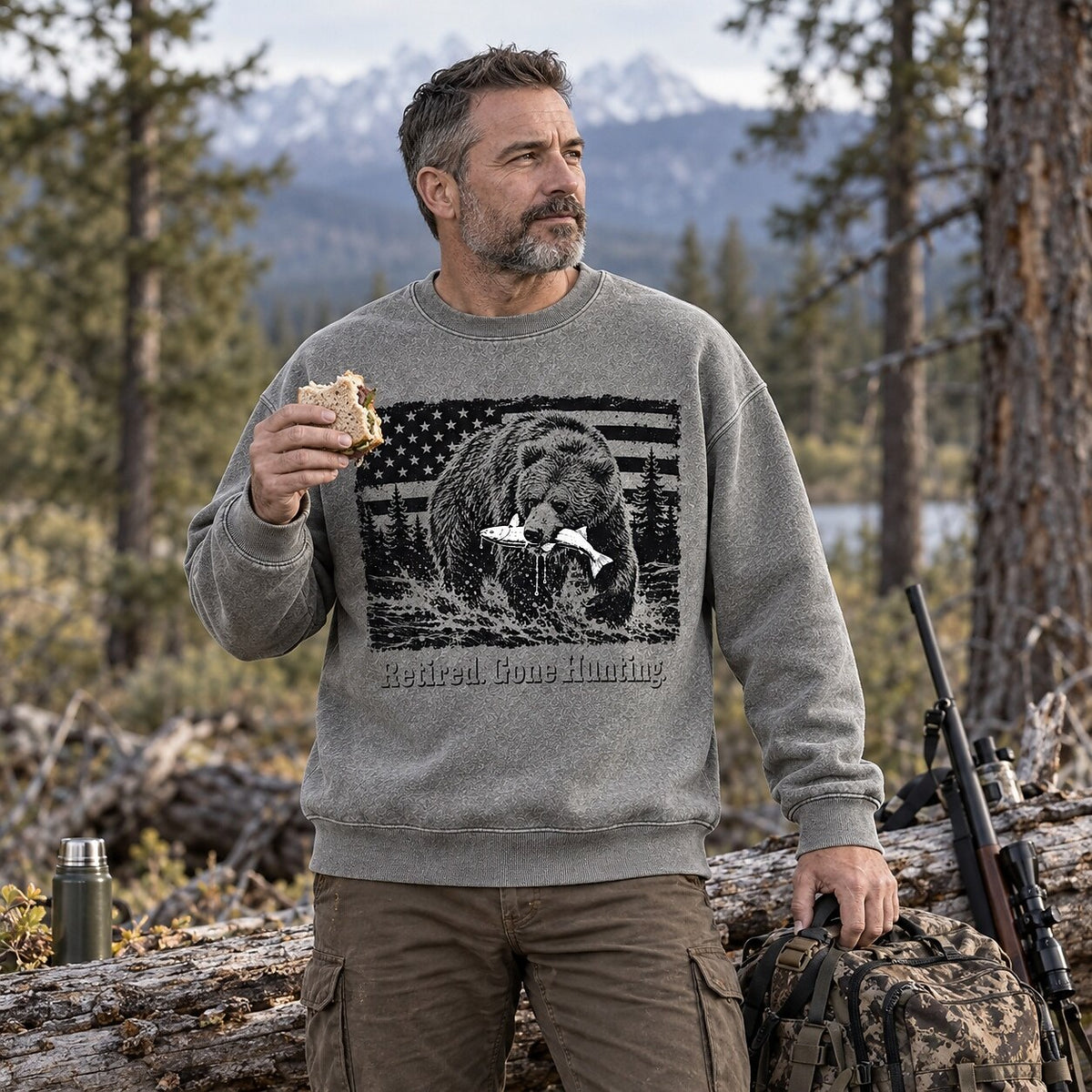 Washed Grizzly Bear Salmon Fishing Wildlife Graphic Sweatshirt