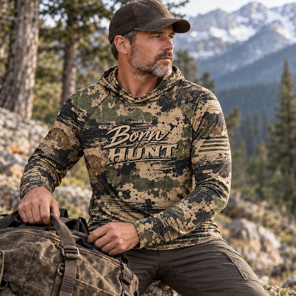 UPF 50+ Born to Hunt Distressed Camo Sun Hoodie