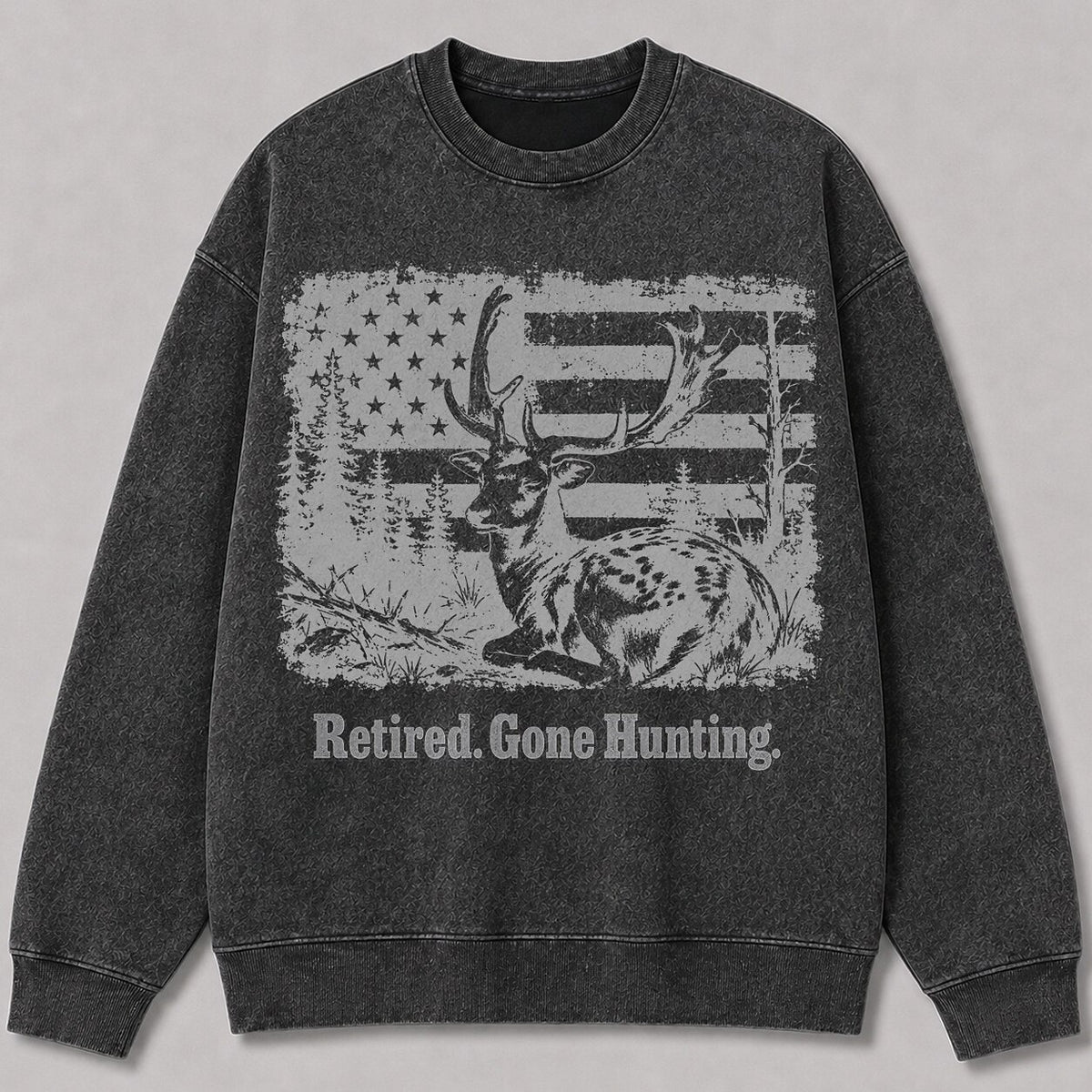 Washed American Flag Fallow Deer Hunting Graphic Sweatshirt