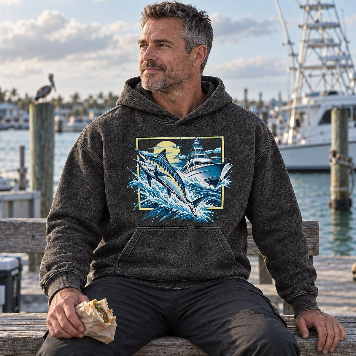 Washed Marlin Lighthouse Coastal Fishing Graphic Hoodie