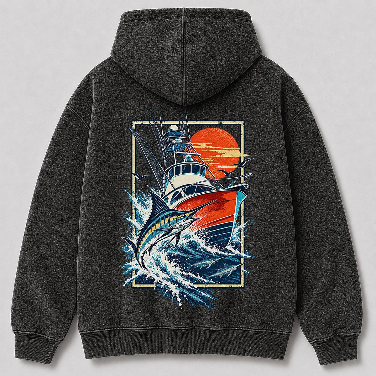 Washed Marlin Sportfishing Boat Sunset Graphic Hoodie