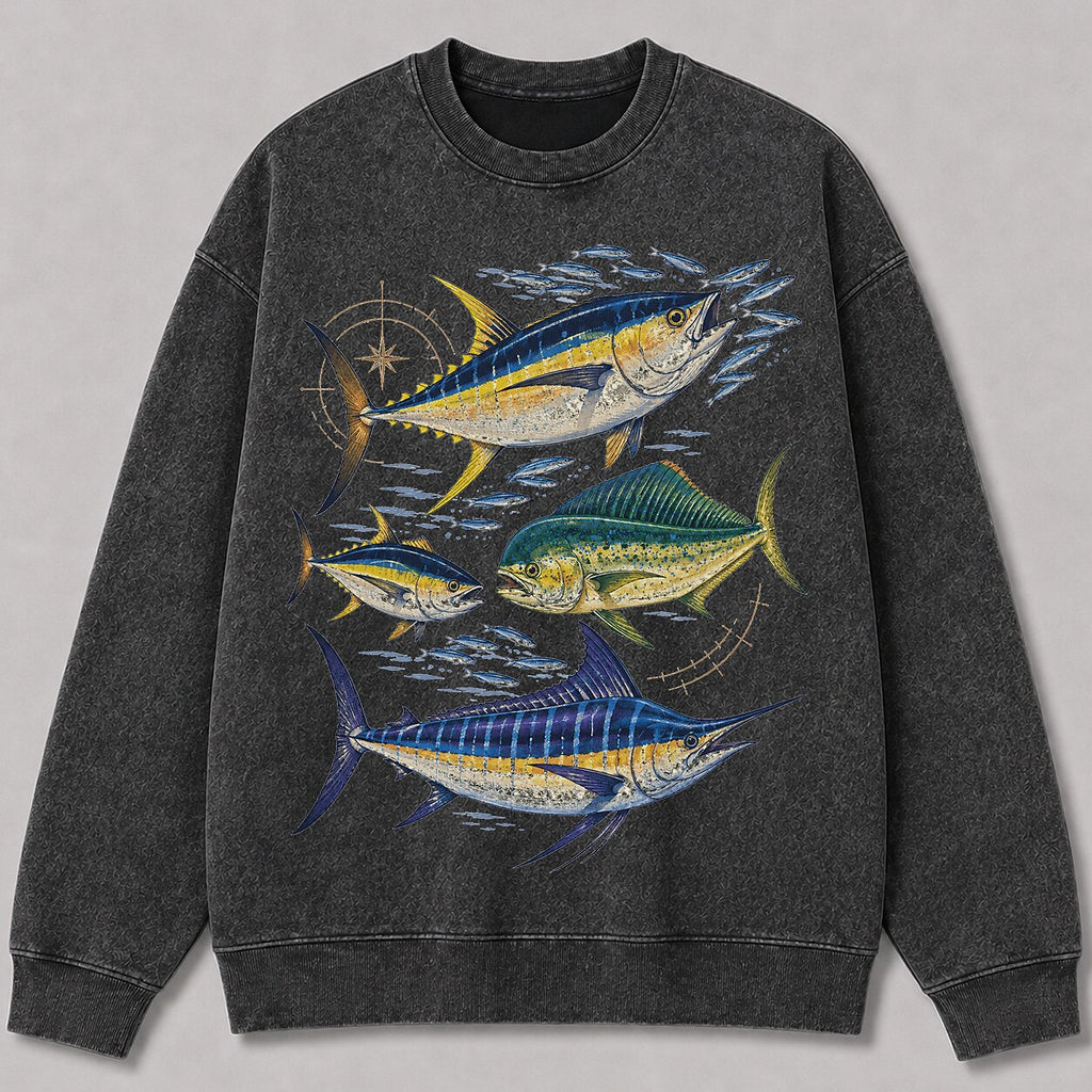 Washed Tuna Mahi Mahi Marlin Fishing Graphic Sweatshirt