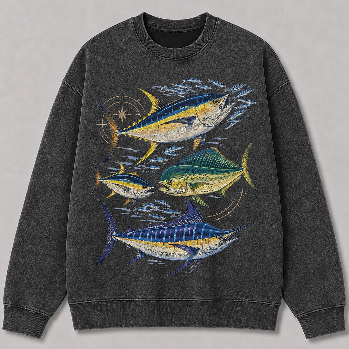 Washed Tuna Mahi Mahi Marlin Fishing Graphic Sweatshirt