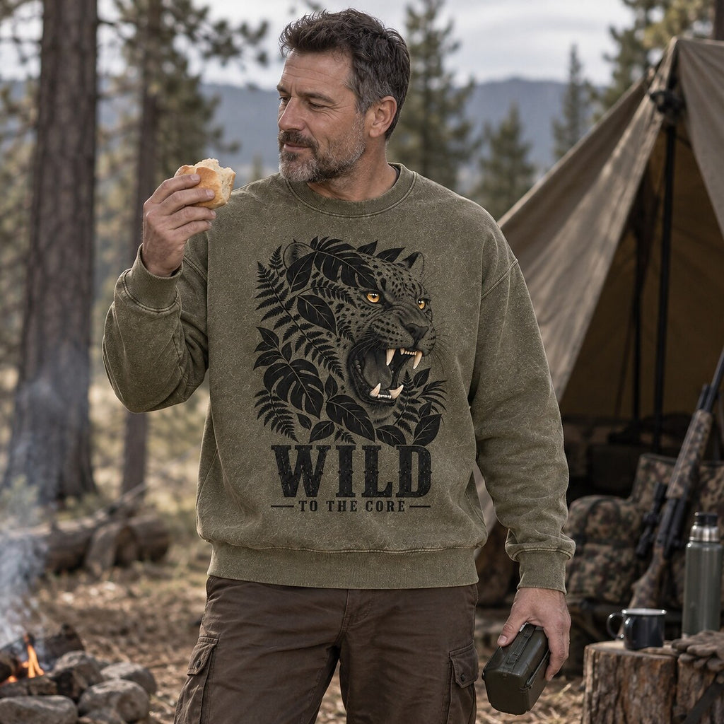 Washed Roaring Leopard Jungle Wildlife Graphic Sweatshirt