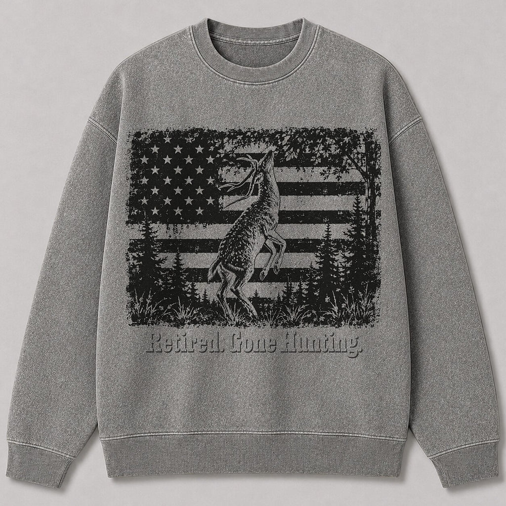 Washed American Flag Rearing Whitetail Deer Hunting Sweatshirt