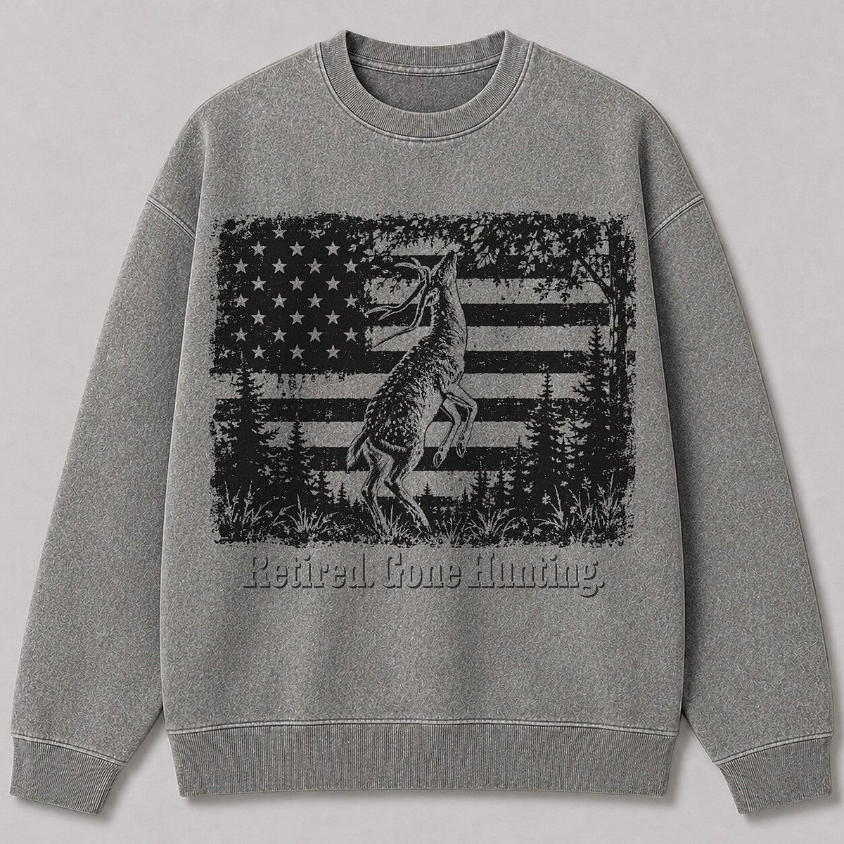 Washed American Flag Rearing Whitetail Deer Hunting Sweatshirt
