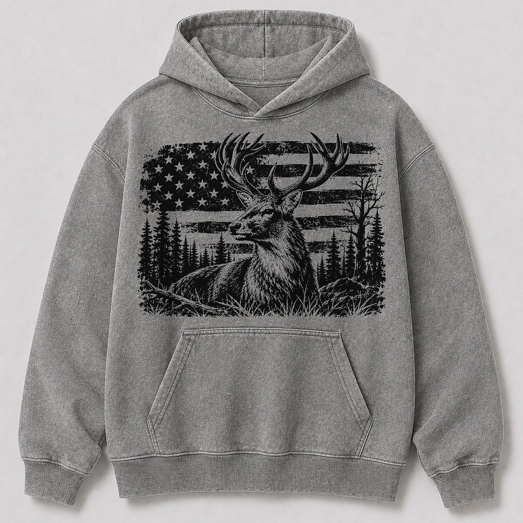 Washed Elk American Flag Wildlife Hunting Hoodie